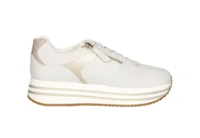 Sneaker Nobuck Beig Cremallera Lateral Piso Blanco Lineas Doradas