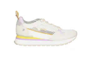 Sneaker Nobuck Beige Pala y Laterales Rejilla Blanca Piso Blanco Filos Lila y Amarillo