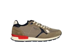 Sneaker Nobuck/nylon Taupe Pala Rejilla Franjas Laterales Azul y Blanco
