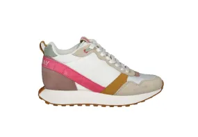 Sneaker Nylon Blanco Punta y Talon Nobuck Taupe y Rosa Franja Lateral Mostaza