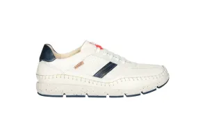 Sneaker Piel Beig Laterales Picados Franja Lateral y Talon Azul