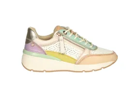 Sneaker Piel Beige Picados Cremallera Lateral Talon Lila y Dorado